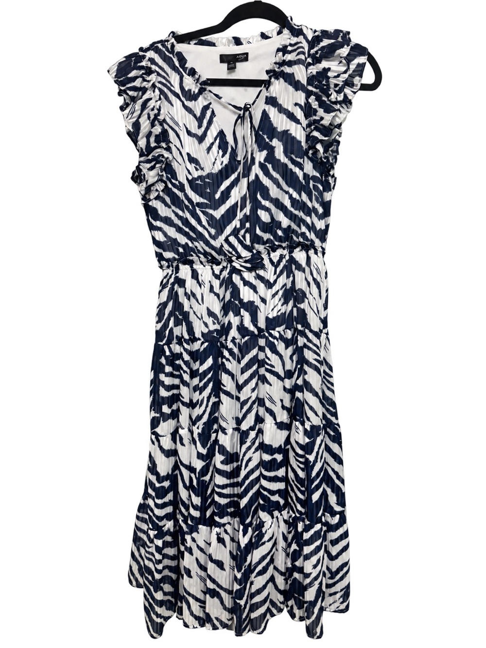 Aqua Navy & White Zebra-Striped Pleated Midi Dress